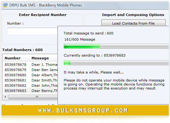Screenshot of Bulk SMS BlackBerry