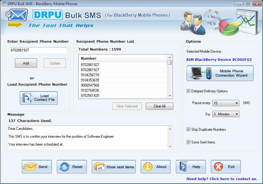 Bulk SMS Software for BlackBerry Mobile Phones Screenshot