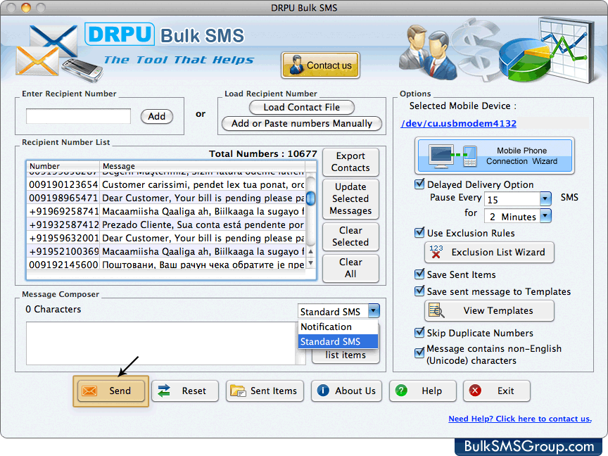Mac Bulk SMS Software for GSM phones screenshots text message sender application