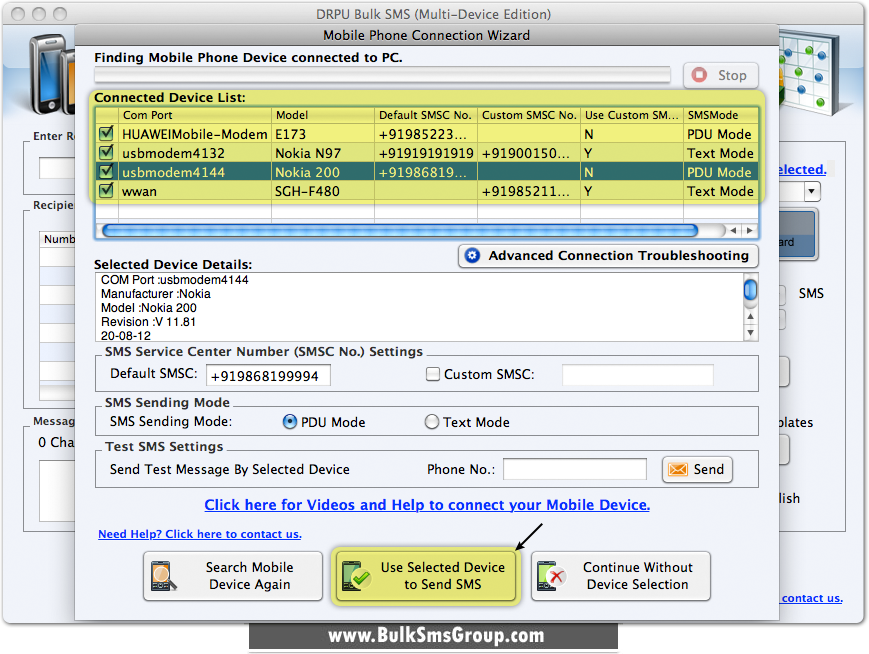 Mac Bulk SMS Software (MultiDevice Edition) Screenshots shows how to