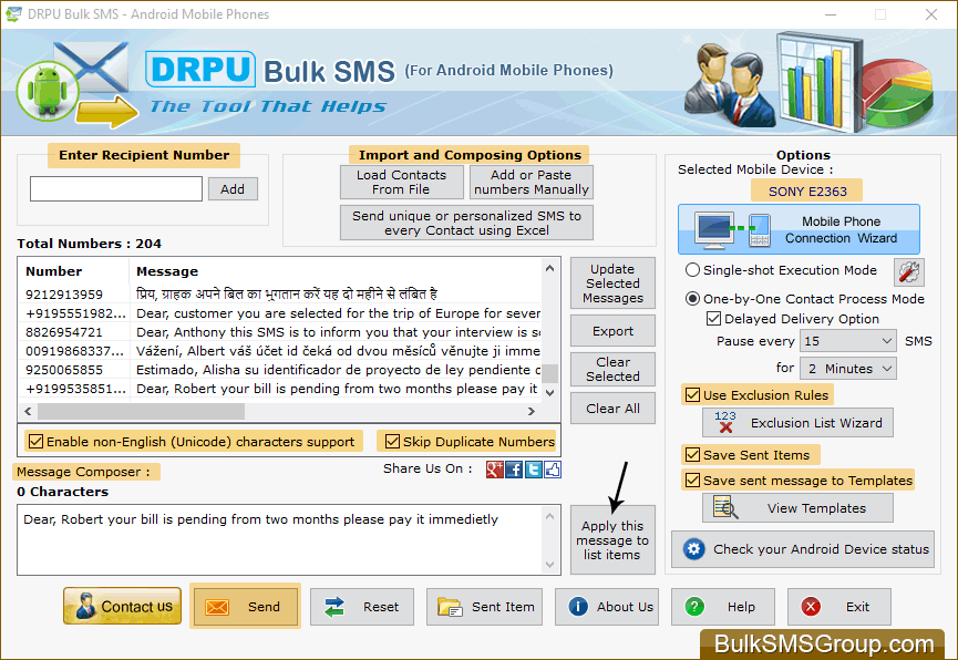Bulk SMS Sender for Android Mobile software