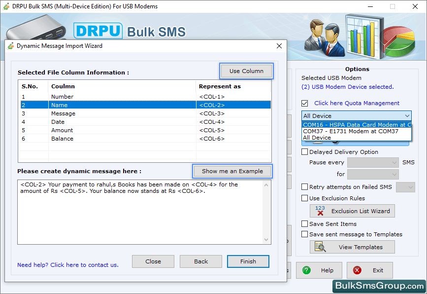 Selected File Column Information